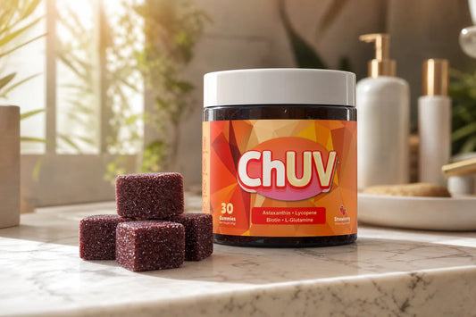 ChUV tanning gummy supplement bottle on a bathroom vanity with morning light, representing astaxanthin research for acne-prone skin