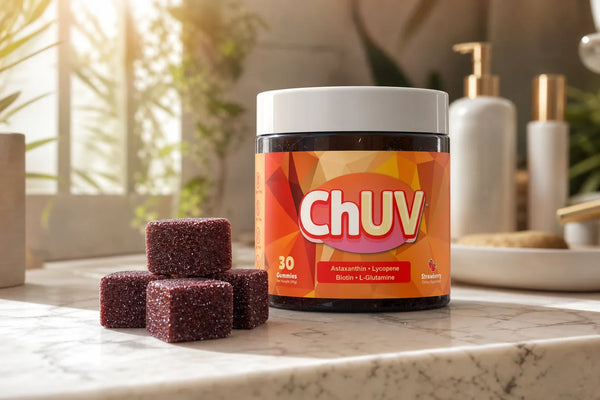 ChUV tanning gummy supplement bottle on a bathroom vanity with morning light, representing astaxanthin research for acne-prone skin