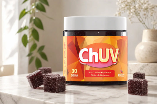 ChUV tanning gummies jar with dark reddish-purple cube gummies showing astaxanthin and skin elasticity supplement