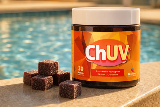 ChUV tanning gummies bottle displayed at a sunny poolside setting, illustrating astaxanthin capsules vs tanning gummies