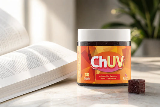 ChUV tanning gummies jar alongside astaxanthin clinical studies research notes on a marble surface, warm natural studio lighting