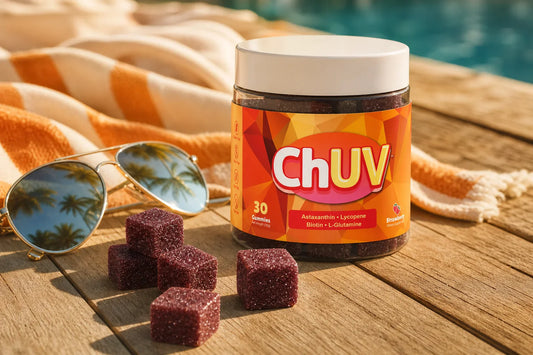 Cumulative dosing math for astaxanthin skin buildup: ChUV tanning gummies displayed on a sunny poolside wooden surface beside a striped beach towel