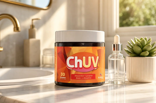 ChUV tanning gummies bottle on a marble bathroom vanity in warm morning light, representing astaxanthin and eczema skin support