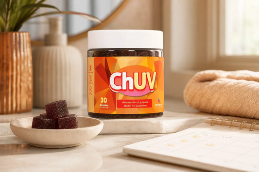 ChUV vs Glow Gummies tanning gummy bottle and cubes styled beside a sunlit beach bag