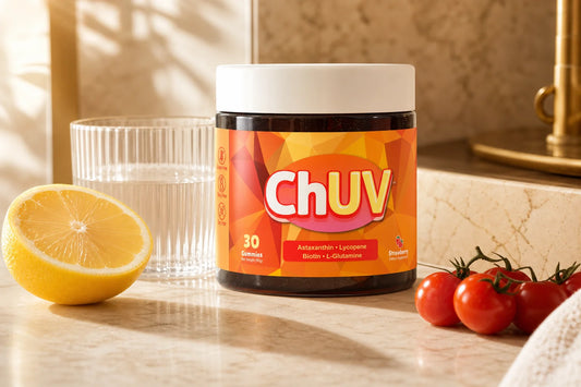 ChUV tanning gummies on a sunlit vanity counter representing astaxanthin in food vs supplements for a natural skin glow