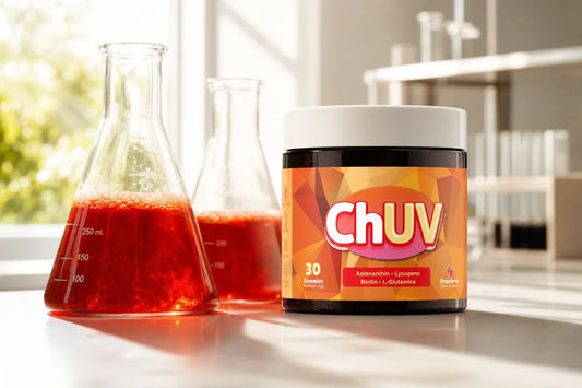 Inside our astaxanthin lab search: ChUV tanning gummies bottle beside haematococcus pluvialis algae culture flasks on a sleek laboratory counter