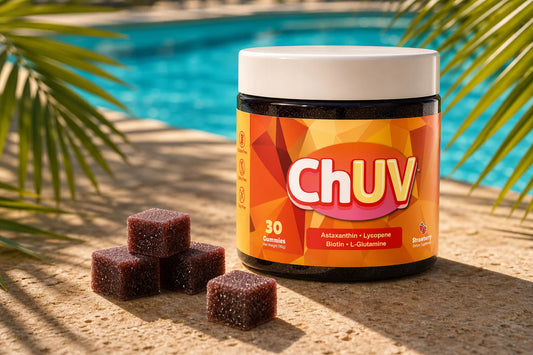 ChUV astaxanthin and lycopene tanning gummies jar on a sun-drenched poolside surface surrounded by tropical greenery