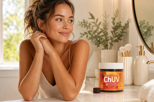 ChUV tanning gummies supplement jar on a sunlit vanity counter beside a woman with glowing even skin, representing astaxanthin and melasma skin benefits