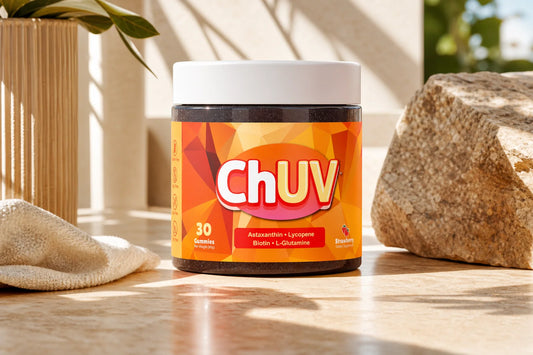 ChUV tanning gummies bottle on a sunlit surface, astaxanthin and rosacea supplement for skin health