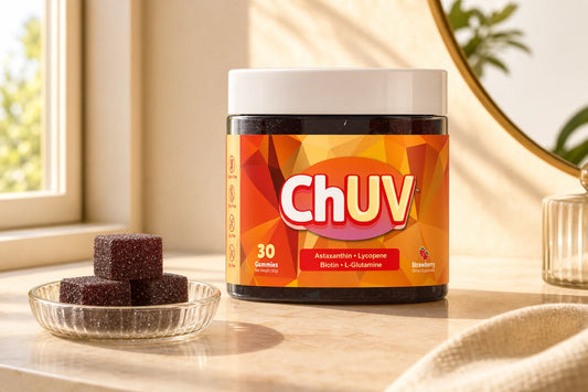 Bottle of ChUV Tanning Gummies on a sunlit vanity counter representing astaxanthin's singlet oxygen quenching mechanism