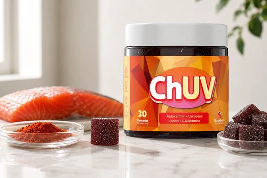 Natural astaxanthin sources including Haematococcus pluvialis algae powder and sockeye salmon alongside ChUV tanning gummies on a marble surface