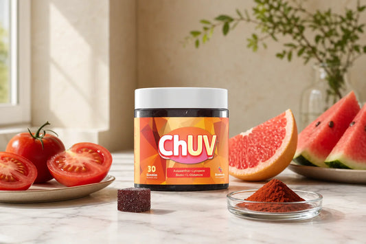 ChUV tanning gummies jar surrounded by lycopene and astaxanthin source foods for a carotenoid comparison