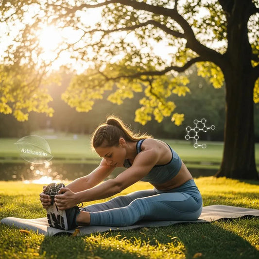 Athlete stretching post-workout, highlighting astaxanthin's benefits for muscle recovery and inflammation reduction