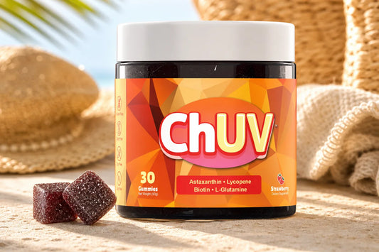 Best tanning gummies for summer 2026 featuring ChUV dark reddish-purple cube gummies on a warm sun-drenched beach scene