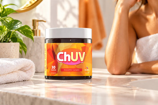 Woman with a natural sun-kissed glow near a bathroom vanity holding ChUV tanning gummies before a laser hair removal appointment