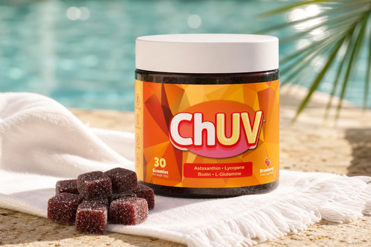 ChUV tanning gummies jar on a sun-drenched poolside surface representing how to boost vitamin D without sun through carotenoid supplementation