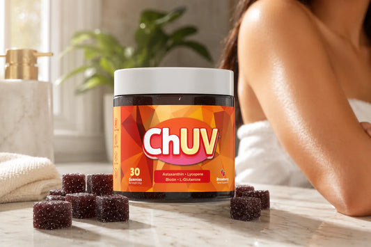 ChUV tanning gummies for year-round maintenance displayed on a marble wellness counter
