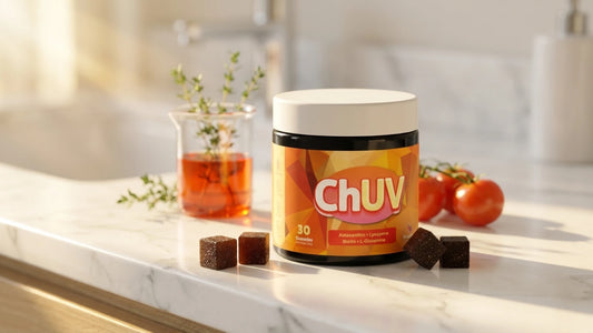 ChUV tanning gummies jar on marble counter with tomatoes herbs and a beaker of orange carotenoid extract