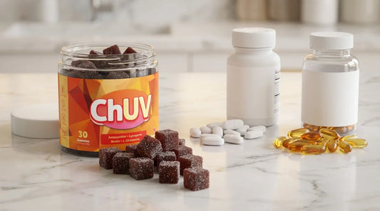 ChUV tanning gummies bottle alongside tanning pills and capsules for comparison