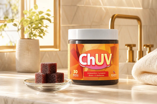 ChUV Tanning Gummies bottle and gummies on a sunlit vanity counter for a chuv vs bronze bites comparison