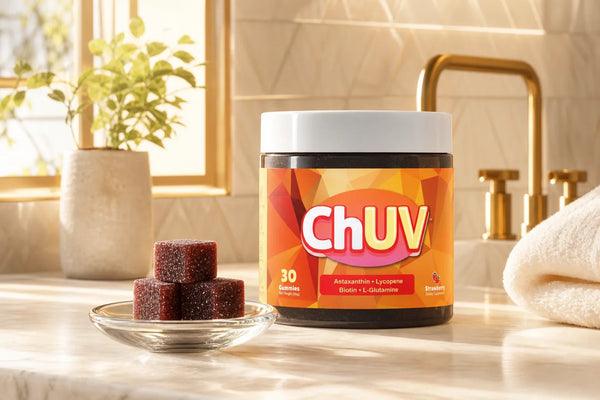 ChUV Tanning Gummies bottle and gummies on a sunlit vanity counter for a chuv vs bronze bites comparison