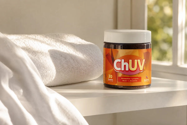 ChUV tanning gummies bottle on a sunlit bathroom shelf answering will it rub off onto white towels