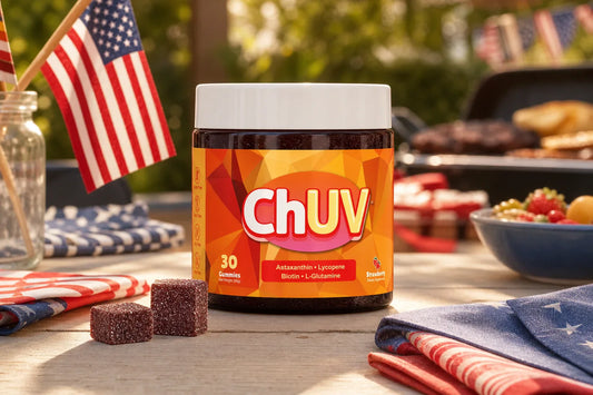 Fourth of july glow hero featuring ChUV tanning gummies in a festive patriotic outdoor setting