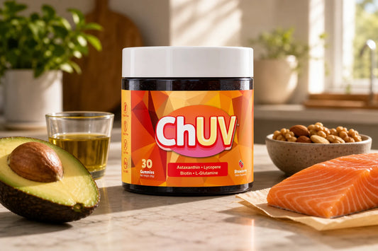 ChUV gummy vitamin jar surrounded by healthy fats including avocado, olive oil, salmon and nuts on a kitchen counter in warm morning light — hero image for astaxanthin bioavailability blog post