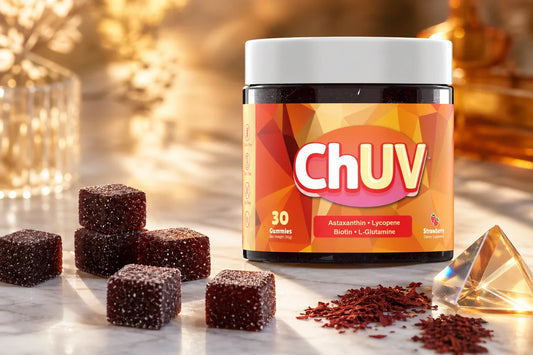 ChUV tanning gummies jar beside dark reddish-purple astaxanthin gummy cubes on marble with warm amber sunlight — how astaxanthin fights photoaging