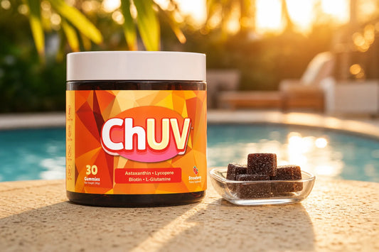 ChUV tanning gummies bottle in warm poolside sunlight, representing how carotenoids absorb UV at the cellular level for a natural glow