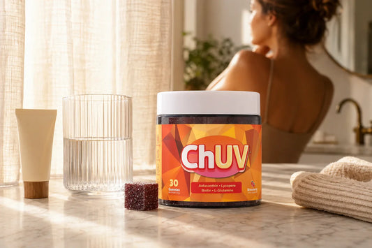 ChUV tanning gummy jar with dark reddish-purple sugar-coated cube gummies on a sunlit marble vanity, illustrating how to build a tanning gummy routine that actually works