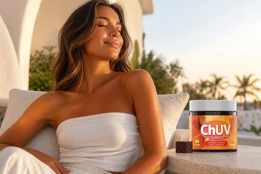 Natural-looking tan without sun featuring ChUV tanning gummies in a bright outdoor lifestyle setting
