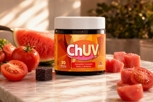 ChUV tanning gummies jar surrounded by fresh sliced tomatoes and watermelon illustrating lycopene and UV protection