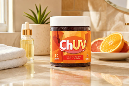 ChUV tanning gummies bottle on a sunlit vanity counter representing skin supplements that actually work