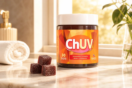 ChUV Tanning Gummies on a sun-lit vanity counter, representing transitioning from spray tan to tanning gummies for a natural glow