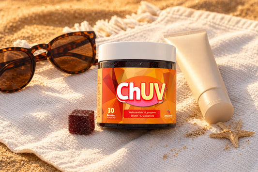 ChUV tanning gummies jar and sunscreen bottle on a white beach towel with sunglasses and summer accessories, warm golden hour sunlight, lifestyle flatlay