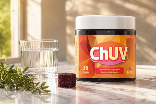 ChUV tanning gummies jar on a sunlit marble counter beside a glass of water and green botanicals, warm golden afternoon light streaming through a window, tanning gummies and vitamin D lifestyle photo