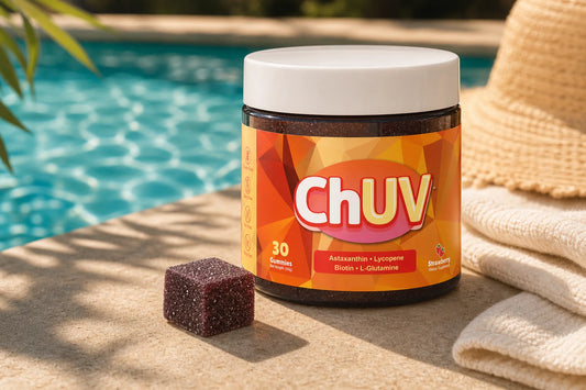 ChUV tanning gummies jar displayed poolside representing the chuv plus collagen gummies stack for skin health
