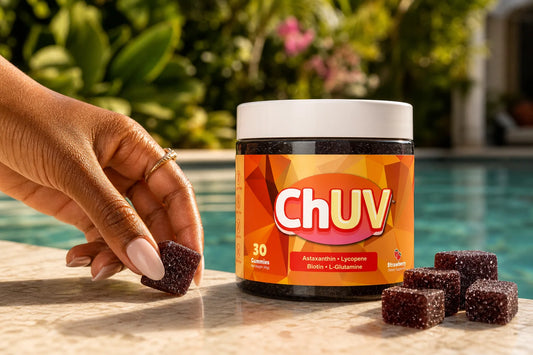ChUV tanning gummies for deep skin tones displayed poolside with dark reddish-purple gummy cubes in warm afternoon sun