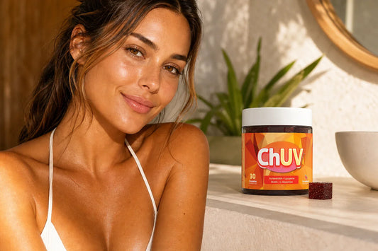 Face-only tanning lifestyle shot with ChUV tanning gummies on a sunlit vanity counter beside a woman with a natural warm glow on her face