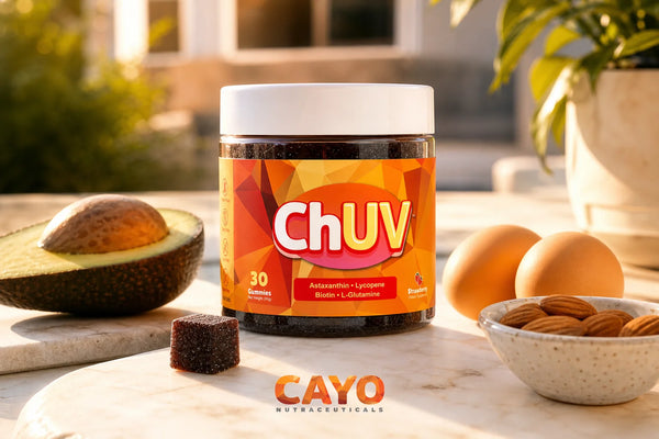 ChUV tanning gummy supplement jar on a sunny breakfast table with avocado and eggs illustrating why tanning gummies work better with a fatty meal
