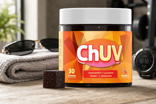 ChUV tanning gummies for men with product jar in outdoor lifestyle setting