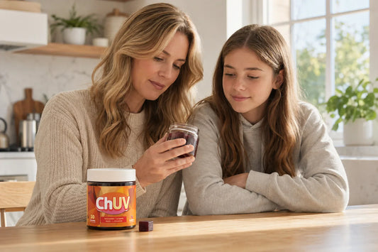 Tanning gummies for teens safety guide featuring ChUV jar alongside a parent and teen reviewing supplement ingredients at a bright kitchen table