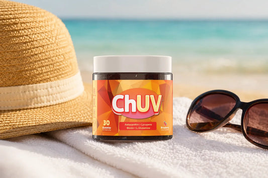 ChUV tanning gummies jar resting on a white resort towel beside oversized sunglasses and a floppy straw sun hat, turquoise ocean in the background, tanning gummies for vacation