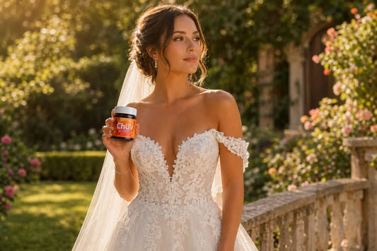 Bride with natural glowing tan holding ChUV tanning gummies on her wedding day