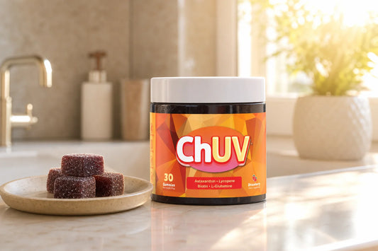 ChUV Tanning Gummies bottle on a sunlit vanity, illustrating tanning gummies myths debunked