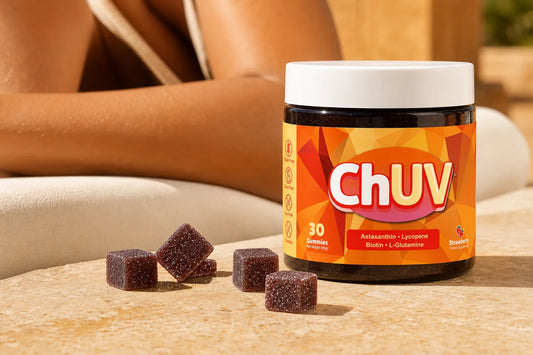 ChUV tanning gummies displayed outdoors in warm golden sunlight, ideal for building depth in olive skin tones