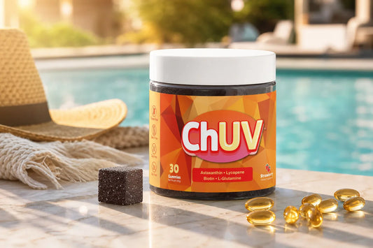 ChUV tanning gummies and omega-3 fish oil capsules arranged in a sun-warmed poolside setting