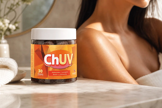 ChUV Tanning Gummies bottle on a sunlit bathroom vanity beside sun-kissed skin, representing life after the glow plateau