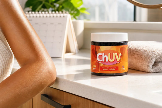 ChUV tanning gummies bottle on a sunlit vanity representing the ChUV vs Asuno tanning gummies comparison